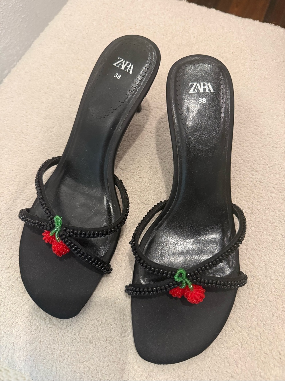 Zara Black Beaded Cherry Slip-On Heels